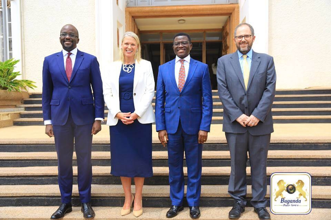 From left: Owek. David Mpanga, British High Commissioner H.E. Lisa Chesney, Katikkiro Charles Peter Mayiga, and a British official at Bulange, Mengo From left: Owek. David Mpanga, British High Commissioner H.E. Lisa Chesney, Katikkiro Charles Peter Mayiga, and a British official at Bulange, Mengo